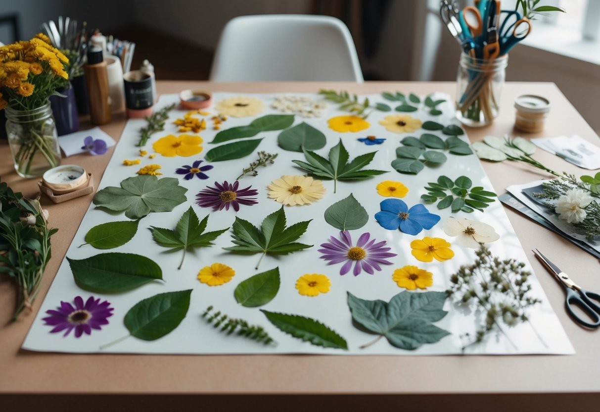 A table covered with pressed flowers and leaves arranged in a collage, surrounded by art supplies and a pair of scissors