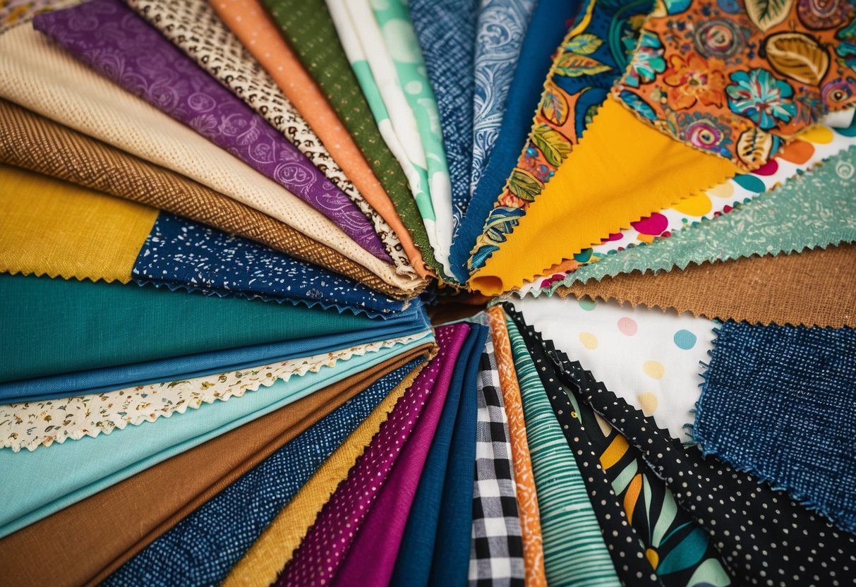 A colorful array of fabric scraps arranged in a dynamic collage, showcasing different textures and patterns