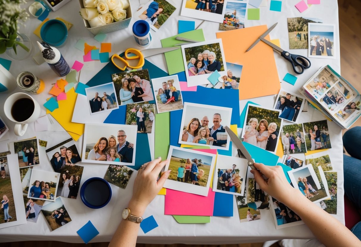 A table covered in family photos, art supplies scattered around, with scissors, glue, and colorful paper. A collage in progress, with overlapping images and creative elements