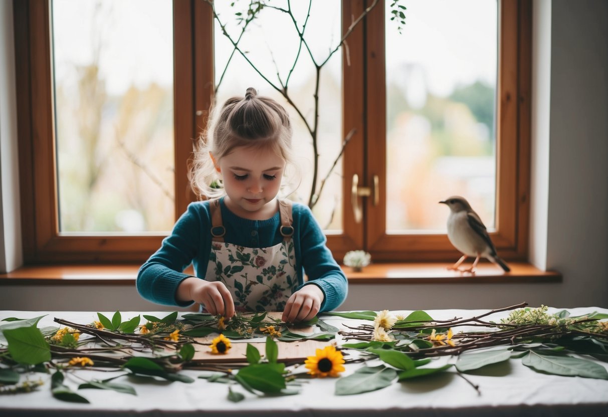 A child sitting at a table covered with leaves, flowers, and twigs. They are using natural materials to create a collage, while a bird perches on the windowsill