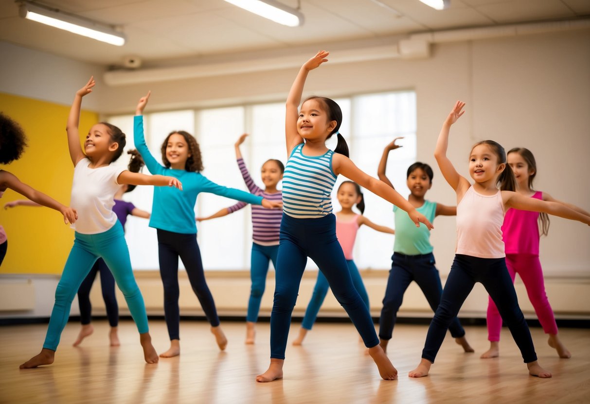 A group of children in a dance studio, moving freely and creatively to the rhythm of music, expressing themselves through various dance styles and movements
