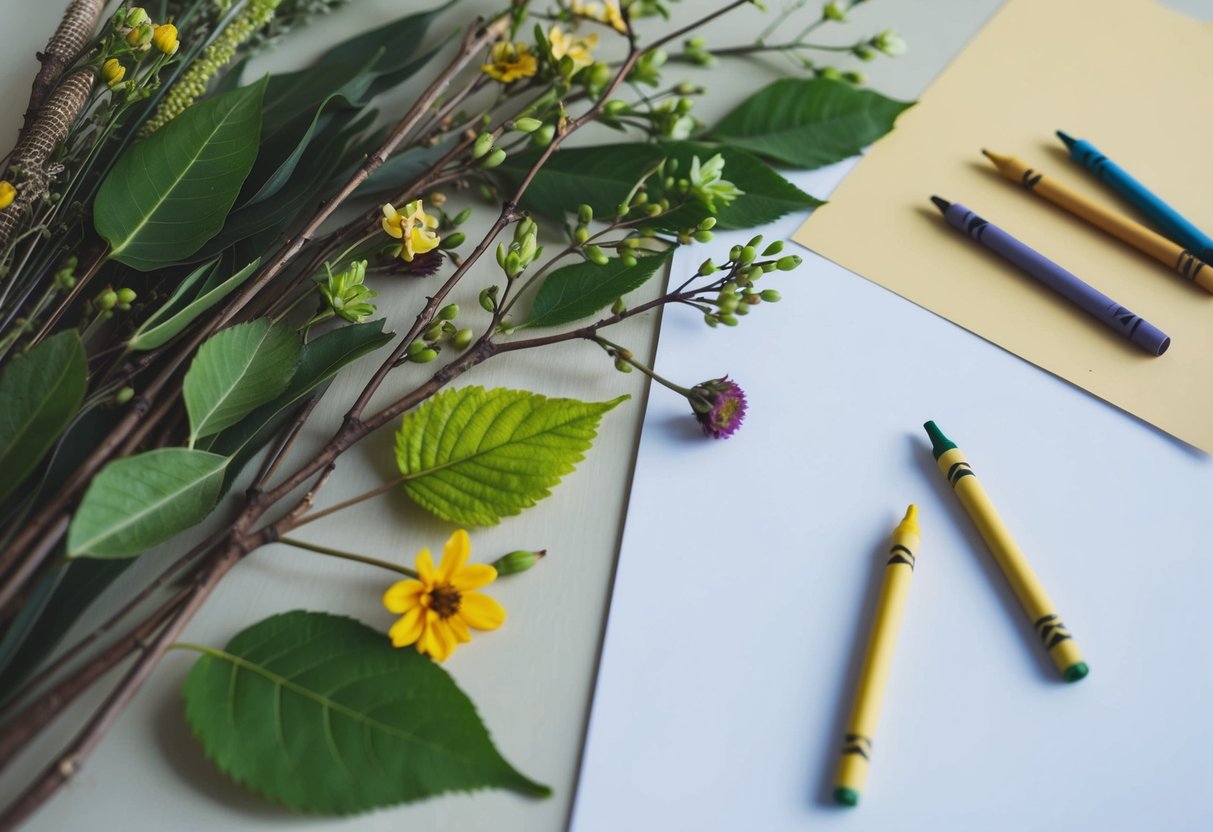 A collection of leaves, twigs, and flowers arranged on a table next to sheets of paper and crayons