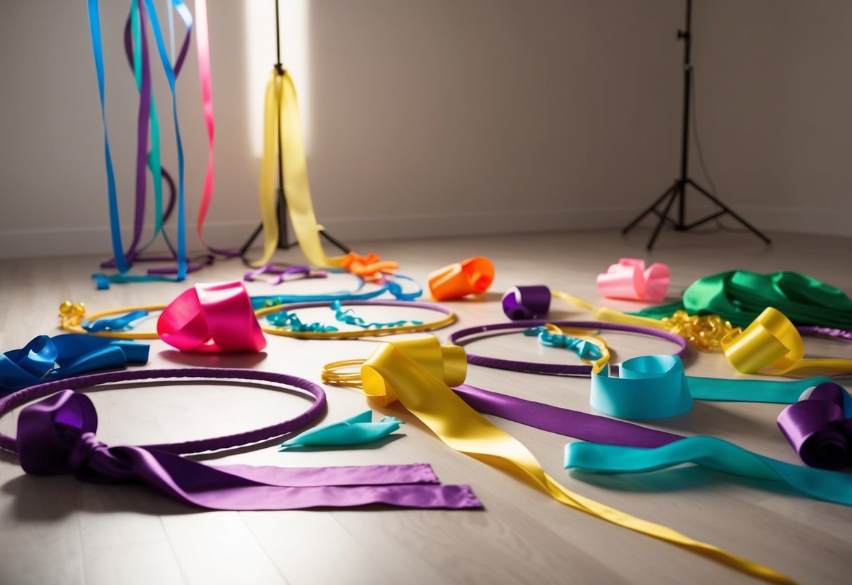 A group of colorful props scattered on a studio floor, including ribbons, scarves, hoops, and streamers, with soft lighting casting gentle shadows