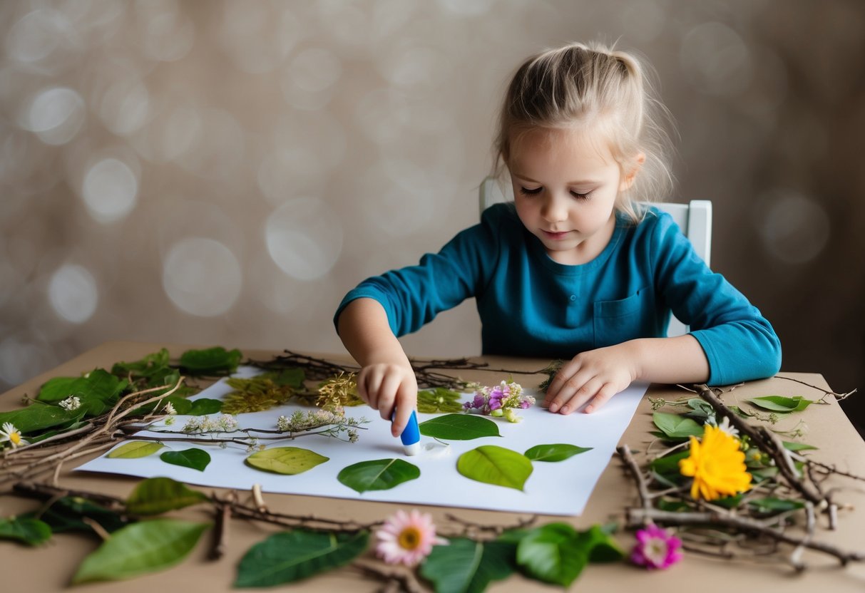 A child sits at a table covered in leaves, twigs, and flowers. They use glue to create a collage of nature on a large piece of paper, incorporating different textures and colors