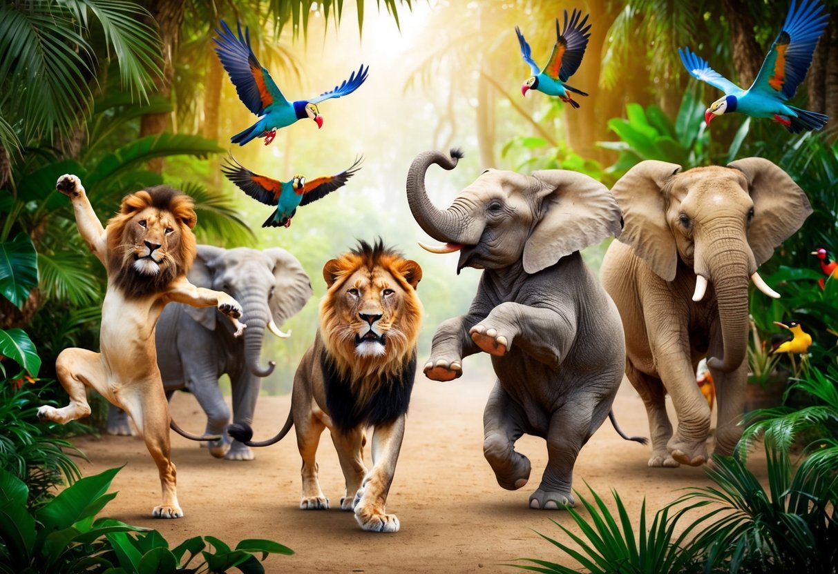 Various animals, such as lions, birds, and elephants, are dancing in a lively and colorful jungle setting. The animals are moving in a playful and expressive manner, showcasing their unique movements and personalities