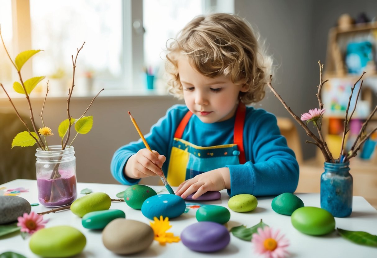 A child paints rocks with natural elements like leaves, flowers, and twigs scattered around the art supplies