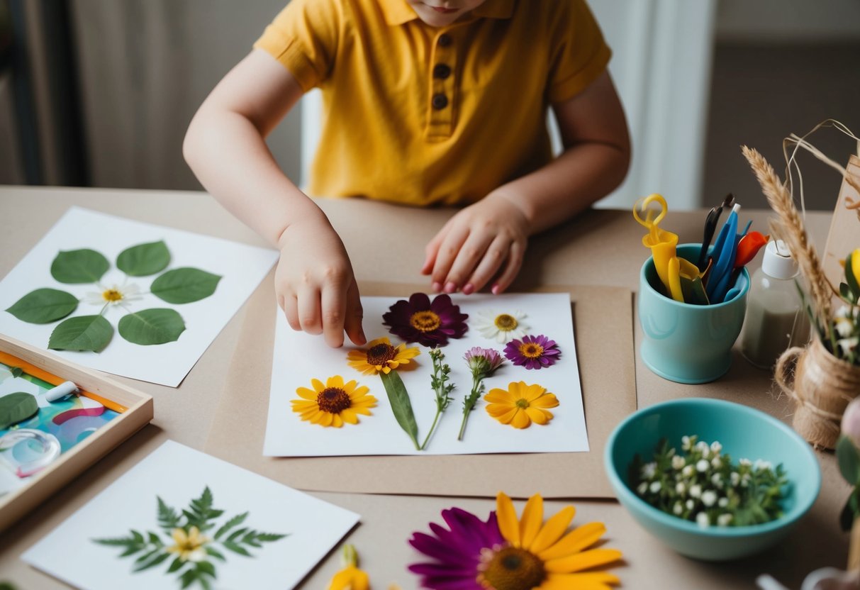 A child arranging pressed flowers onto a piece of paper, surrounded by art supplies and nature-themed decorations
