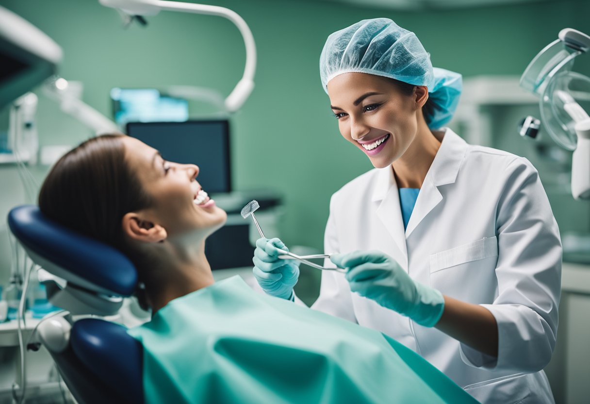 A dental hygienist uses specialized tools to clean and polish teeth, while a bright light illuminates the patient's open mouth