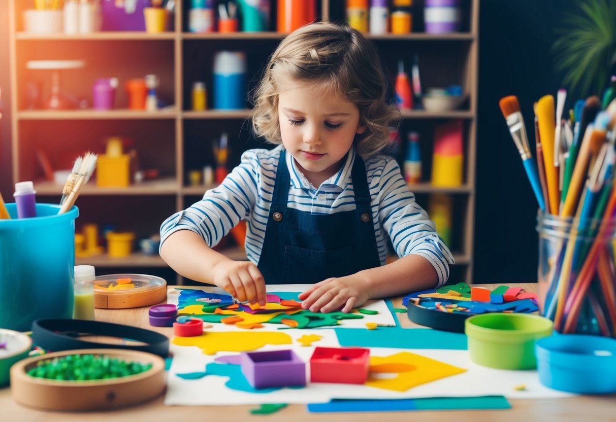 A child surrounded by various art supplies, experimenting with different techniques and materials to create colorful and imaginative artwork