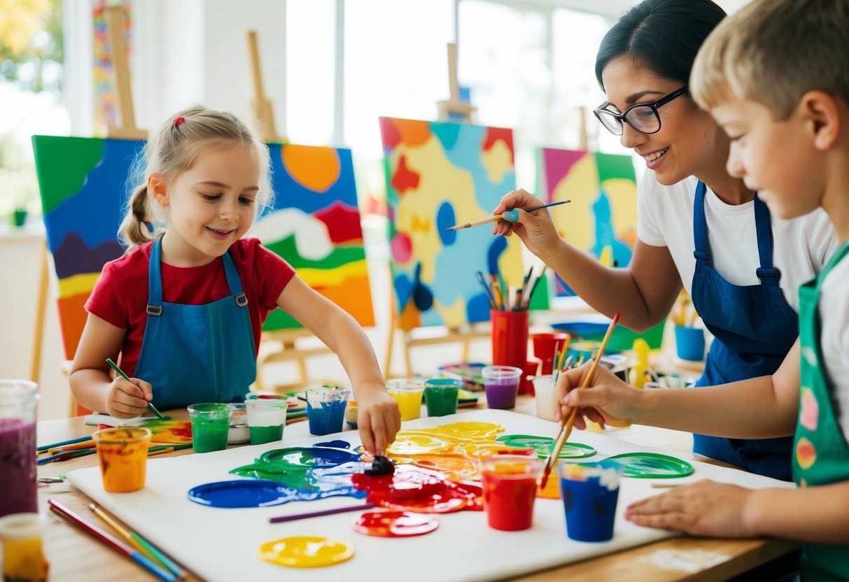 A child surrounded by various art supplies, happily creating colorful paintings on a large canvas, while an art teacher provides guidance and encouragement