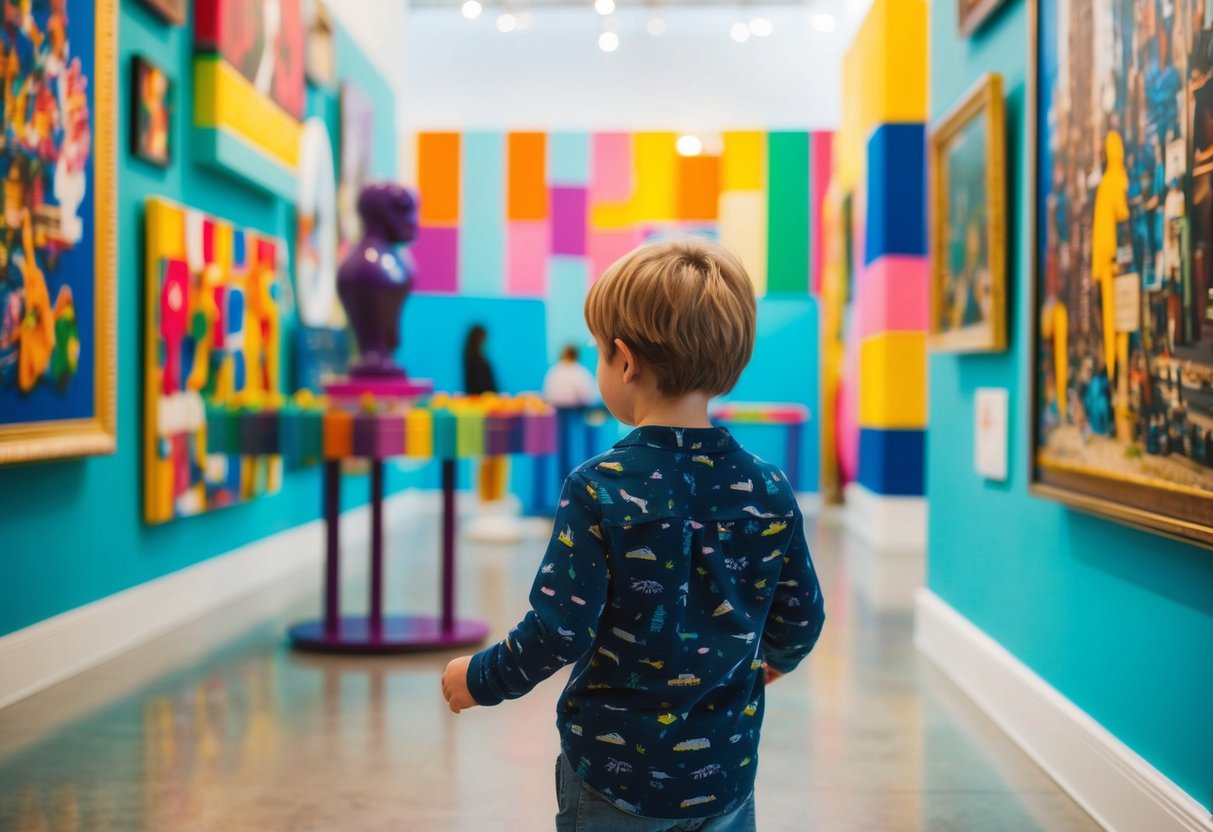 A child explores a colorful art museum, gazing at diverse paintings and sculptures, while engaging in interactive activities and observing the vibrant surroundings