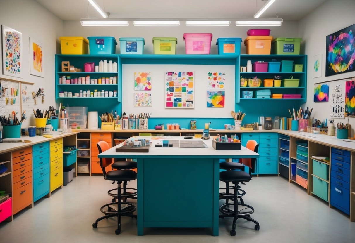 A colorful, organized art studio with various art supplies neatly arranged on shelves and a large, well-lit work table in the center. Artwork adorns the walls, and inspirational posters hang above the workspace