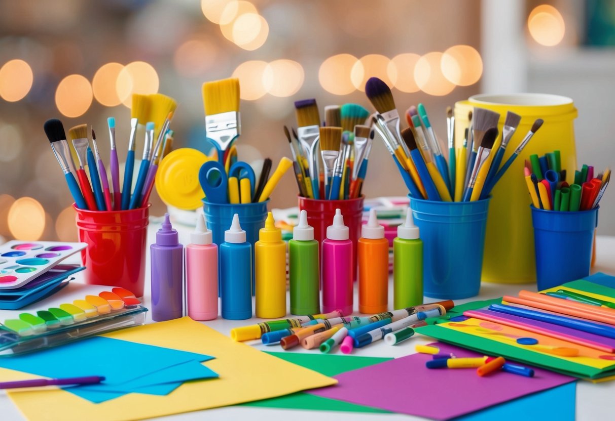 A table filled with various art supplies such as paint, brushes, markers, crayons, and paper. Brightly colored and organized in a visually appealing way