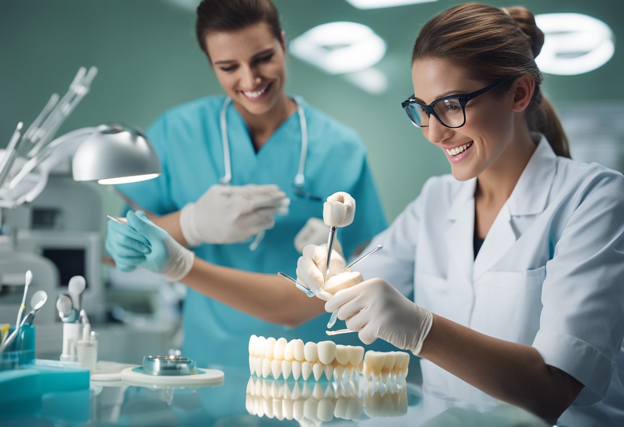 A dental hygienist demonstrates polishing and flossing techniques on a model tooth, surrounded by dental tools and equipment