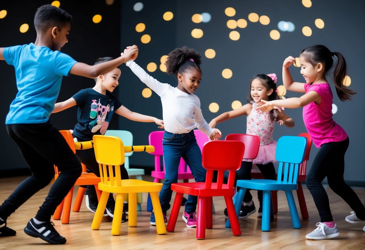 Children dancing in a circle around colorful chairs, incorporating ballet, hip-hop, and other dance styles into a lively game of musical chairs
