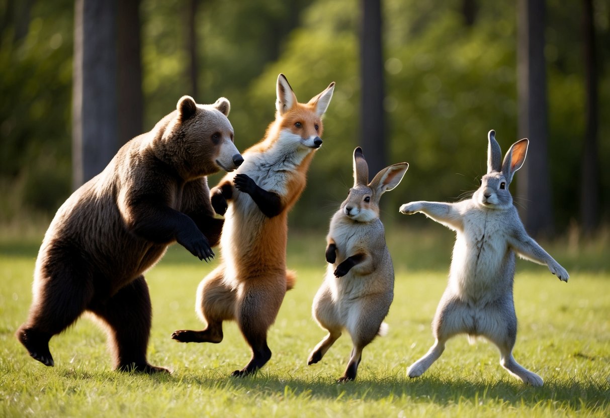 A group of animals, including a bear, fox, and rabbit, are dancing together in a forest clearing, each showing off their unique dance moves