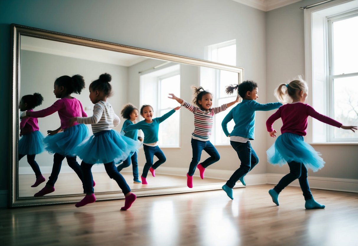 Children twirl and leap in front of a large mirror, their reflections mimicking their movements. The room is filled with joy and energy as they incorporate dance into their playtime