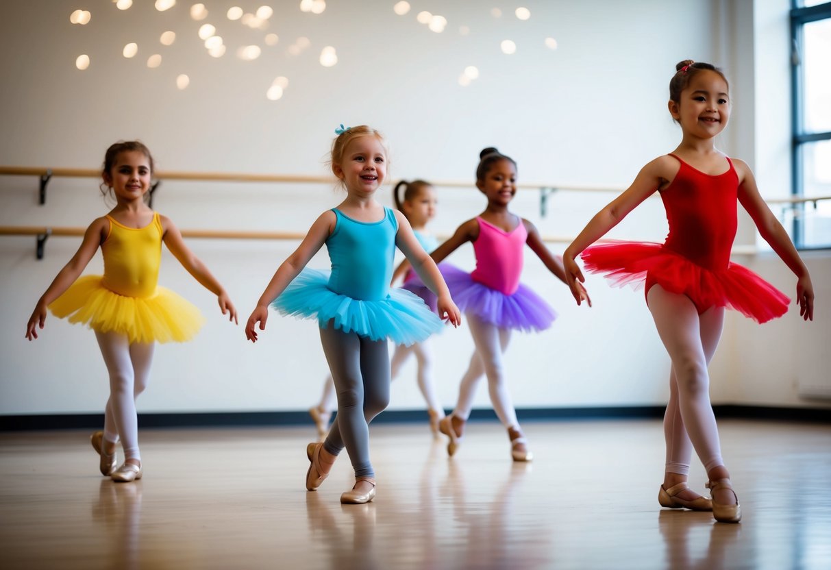 Children in colorful leotards and tutus gracefully move across a studio floor, practicing ballet positions and movements with joyful expressions