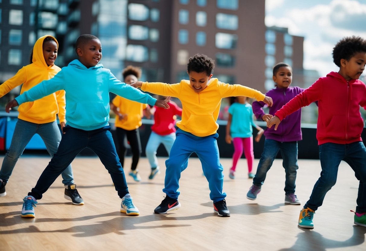 Children in colorful clothing groove to hip hop beats, showcasing energetic and playful dance moves