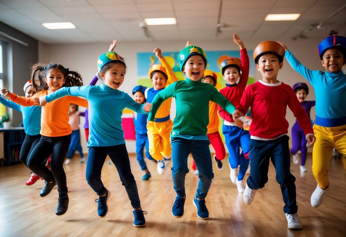 Children in colorful costumes move energetically, their bodies twisting and jumping to the rhythm of jazz music. The room is filled with excitement and laughter as they explore the fun dance style