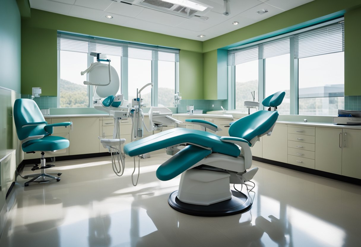 A dental hygienist uses tools to clean and polish teeth in a bright, sterile exam room with a reclining chair