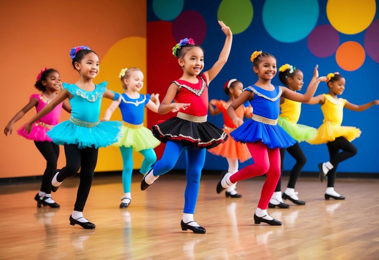 A group of kids happily tap dancing in a studio with colorful costumes and a lively music accompaniment