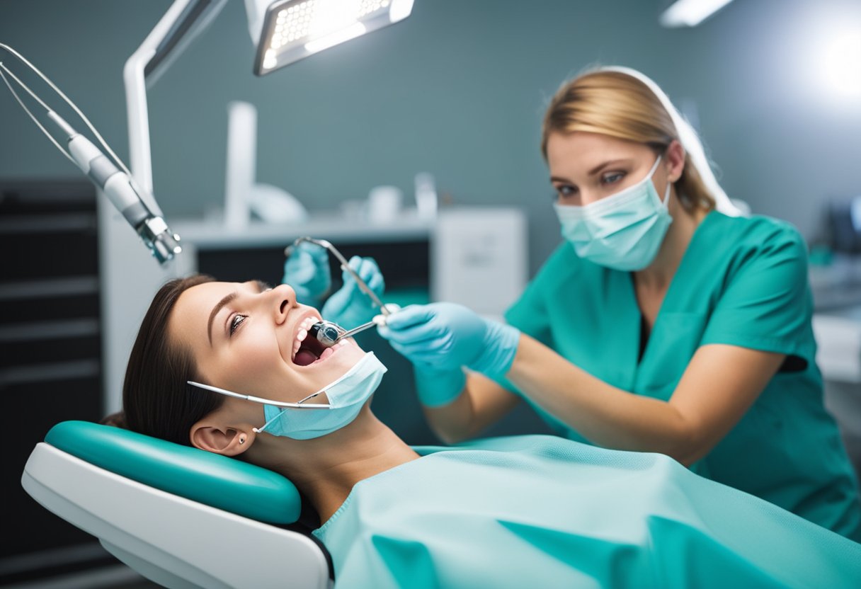 A dental hygienist uses specialized tools to clean and polish teeth, while a dentist inspects for any issues. The patient sits in a reclined chair with a bright light overhead