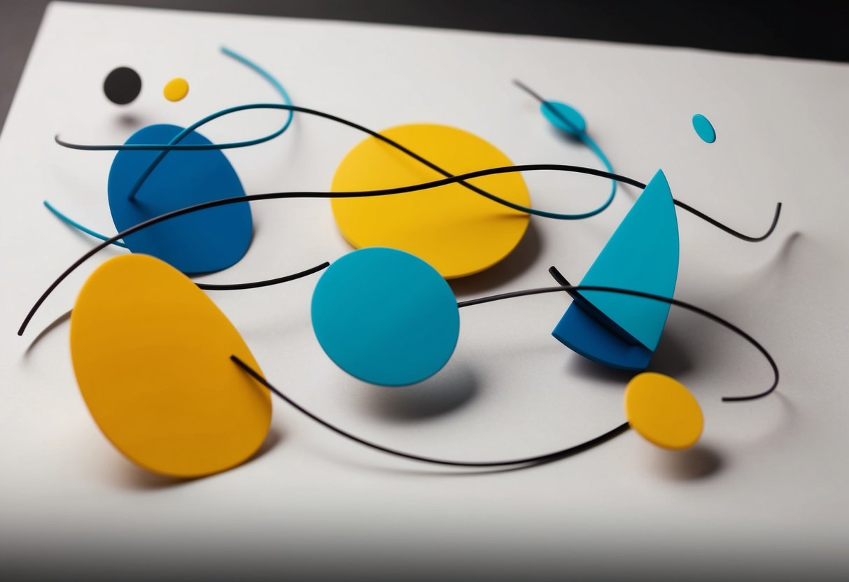 A group of abstract shapes and lines move freely across the page, swirling and twirling in a dance of spontaneous expression