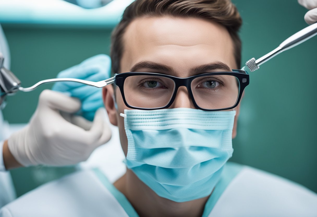 A dental hygienist cleans a patient's teeth using a variety of tools, including a scaler and a polisher. The patient reclines in a chair while the hygienist carefully removes plaque and tartar from their teeth