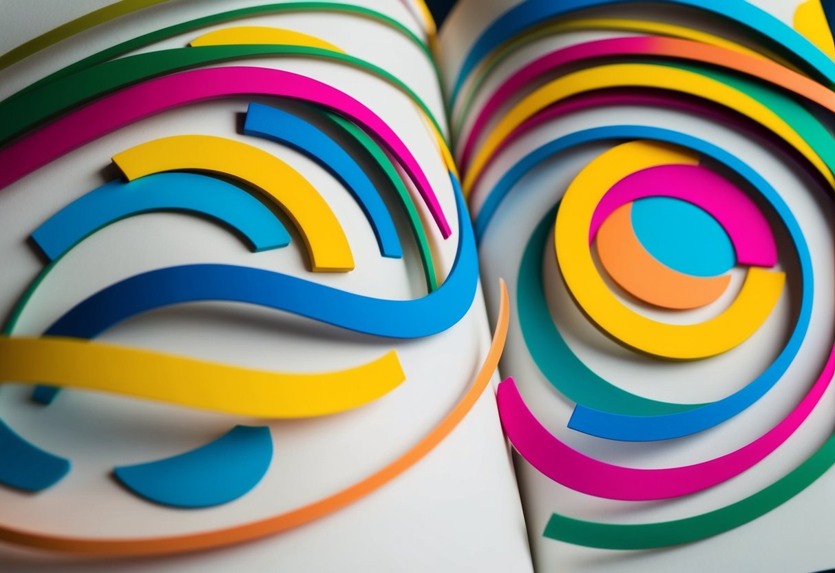 A group of abstract shapes and lines in vibrant colors swirling and flowing freely across the page, conveying a sense of dynamic movement and emotion-driven improvisation