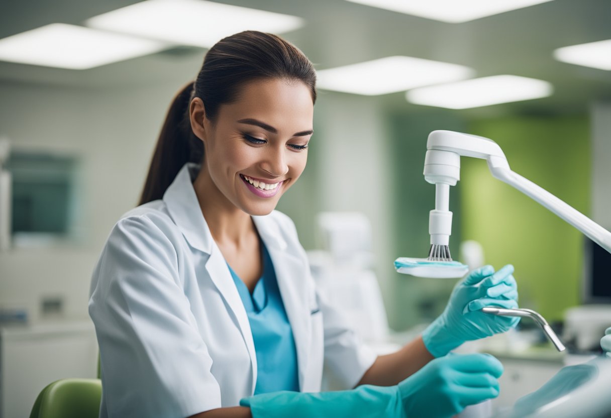 A dental hygienist using tools to clean teeth in a brightly lit dental office