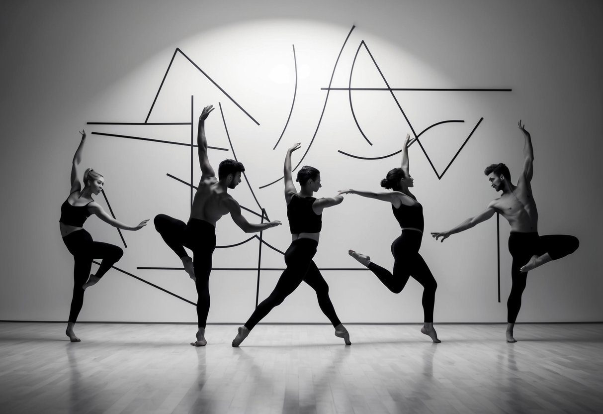A group of abstract shapes and lines move freely across a blank canvas, expressing the fluidity and spontaneity of dance