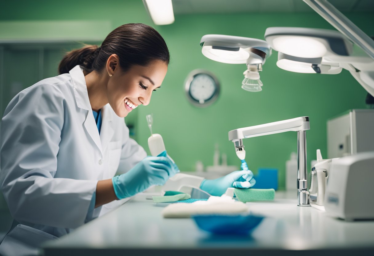 A dental hygienist using tools to clean teeth in a brightly lit examination room