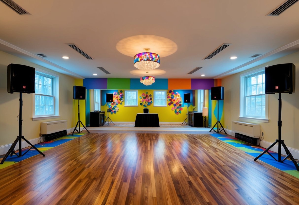 A spacious, well-lit room with hardwood floors and a mirror-lined wall. Speaker system and colorful, energetic decor create an inviting atmosphere for dancing