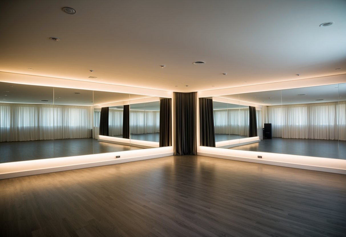 A spacious room with a wall covered in large mirrors, surrounded by open floor space and dance-friendly decor