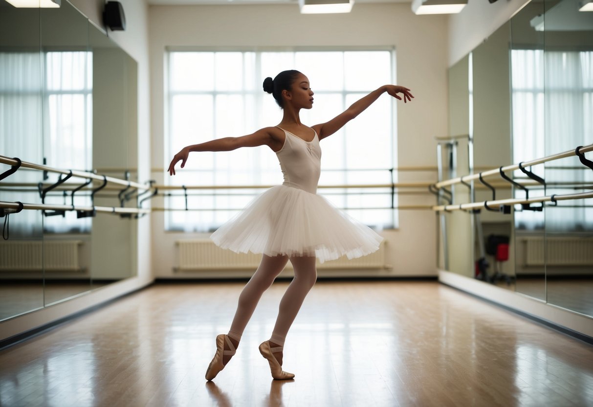 A young dancer gracefully moves through a sunlit studio, surrounded by mirrors and ballet barres. Their passion for dance is evident in their fluid movements and focused expression