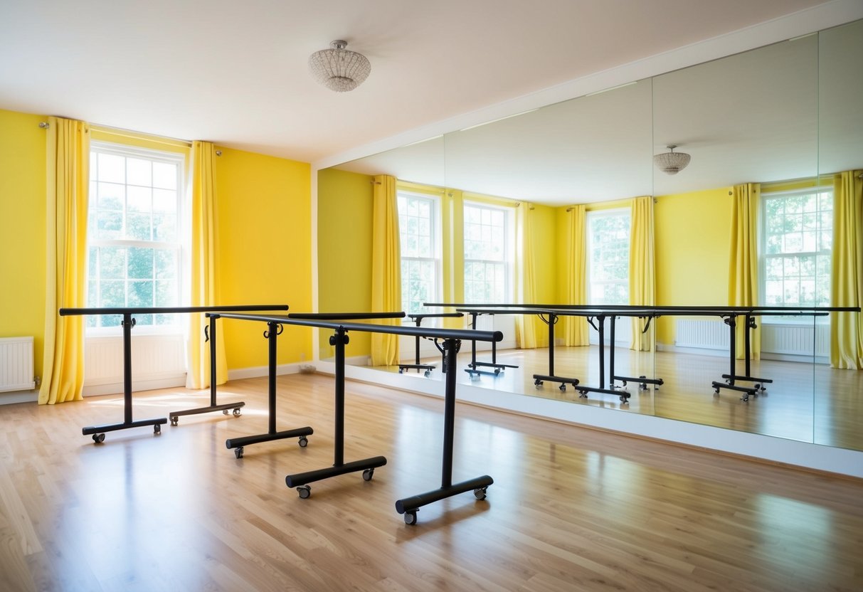 A bright, spacious living room with portable dance bars set up against a mirrored wall. The room is filled with natural light and colorful decor, creating a welcoming and dance-friendly atmosphere