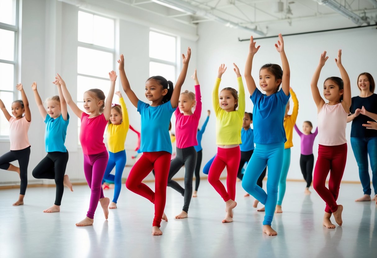 A group of children in colorful dance attire practicing various dance styles in a spacious and bright studio, with supportive parents and instructors cheering them on