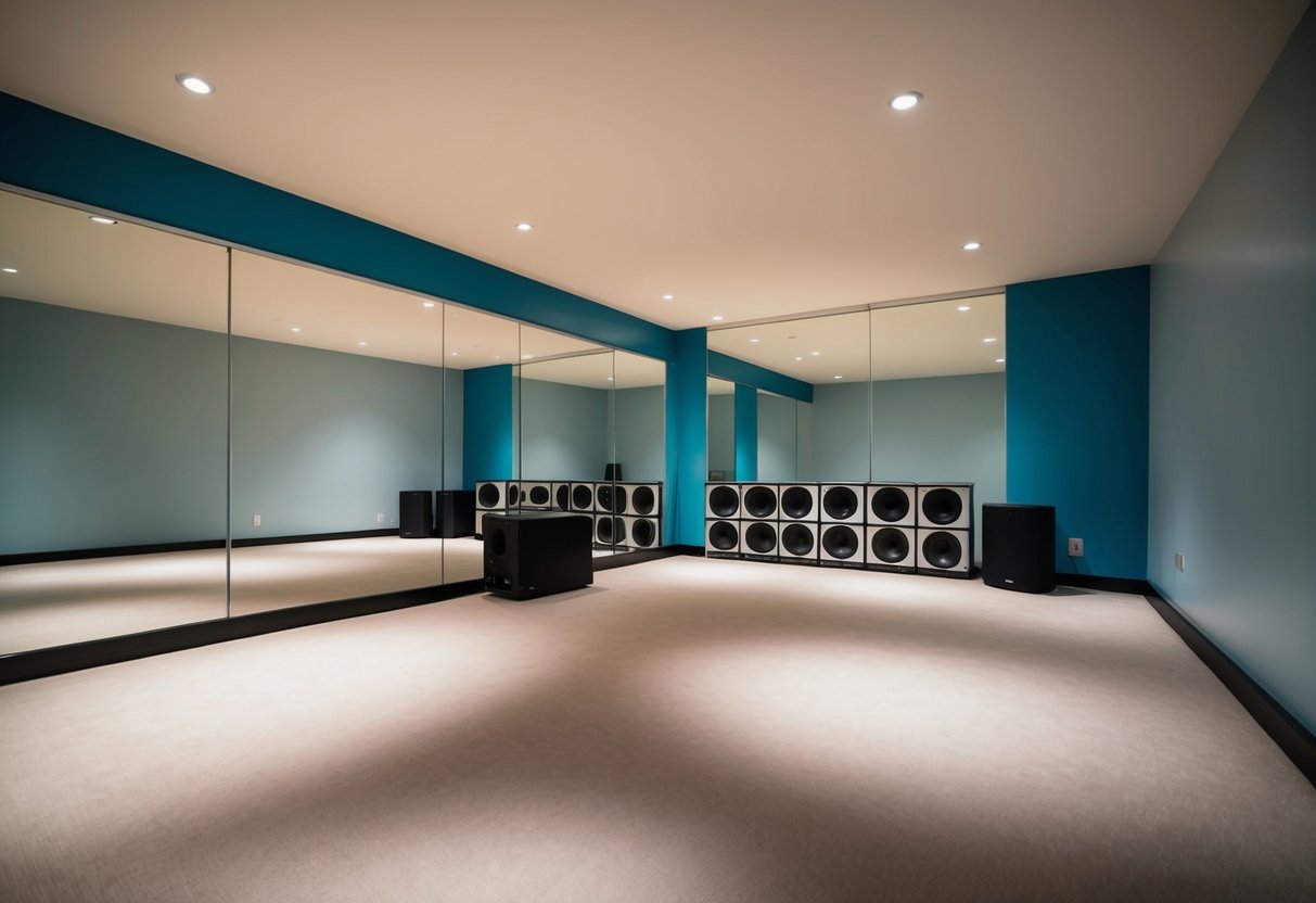 A room with cushioned flooring, large open space, mirrors on the walls, and a sound system for creating a dance-friendly space at home