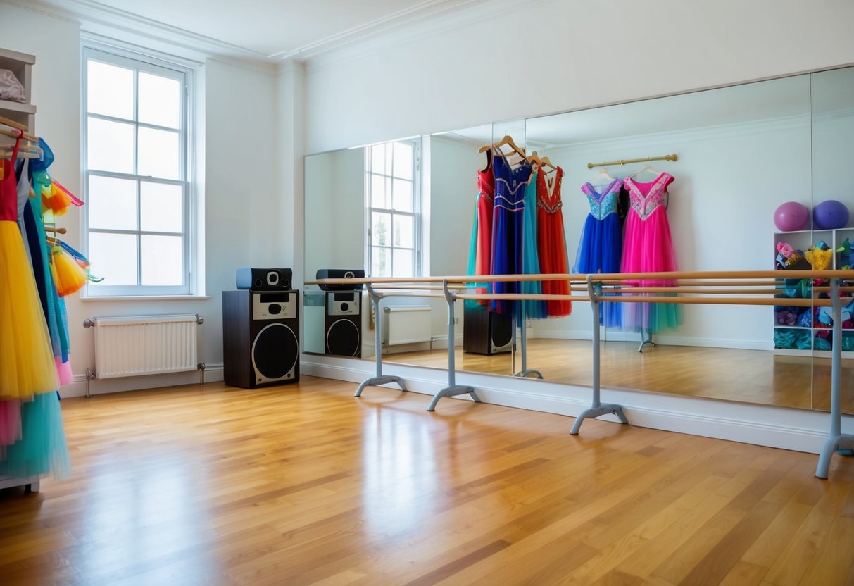 A brightly lit room with a wooden floor, large mirrors, and a ballet barre. A stereo plays music as colorful dance costumes and props are neatly organized on shelves