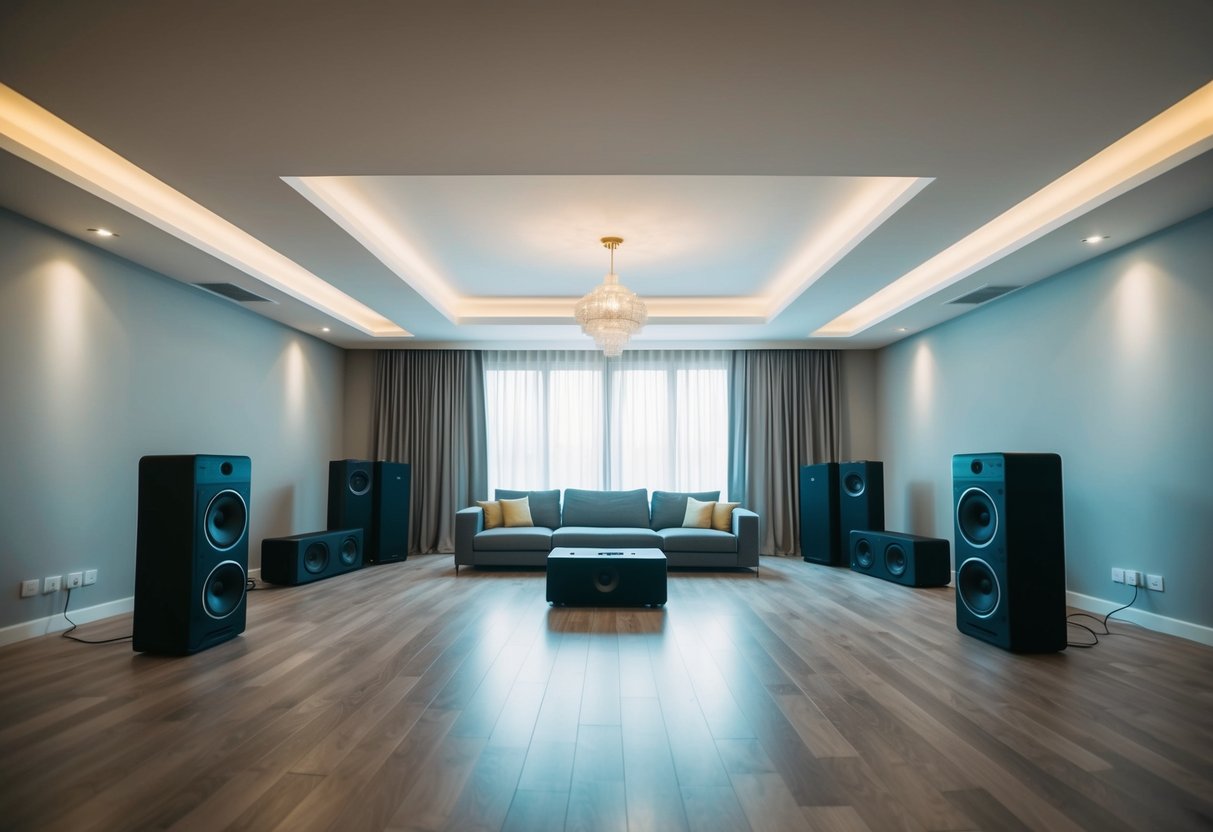 A spacious living room with adjustable lighting, open floor space, and a sound system for creating a dance-friendly atmosphere at home
