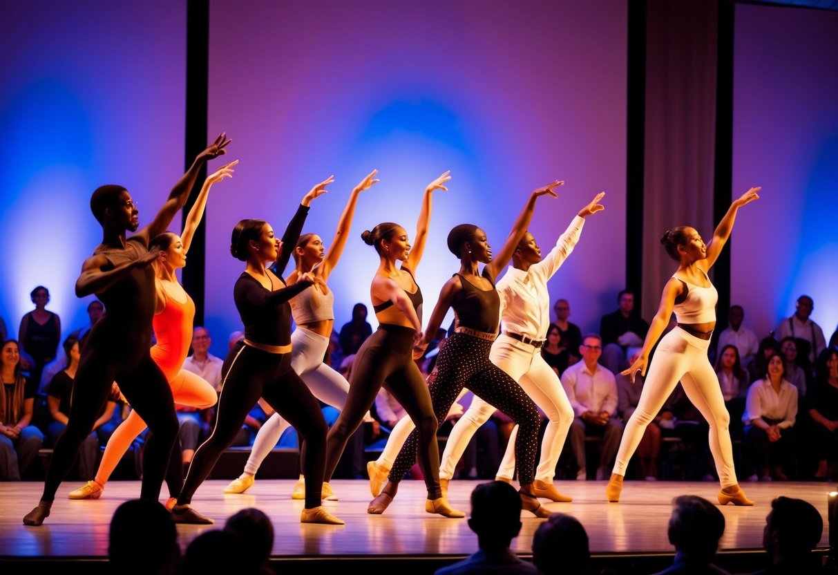 A group of diverse dance performances happening on stage, with an audience watching and enjoying the show