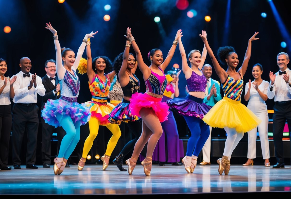 A group of diverse dancers performing on stage, surrounded by cheering spectators and judges, with colorful costumes and dynamic movements