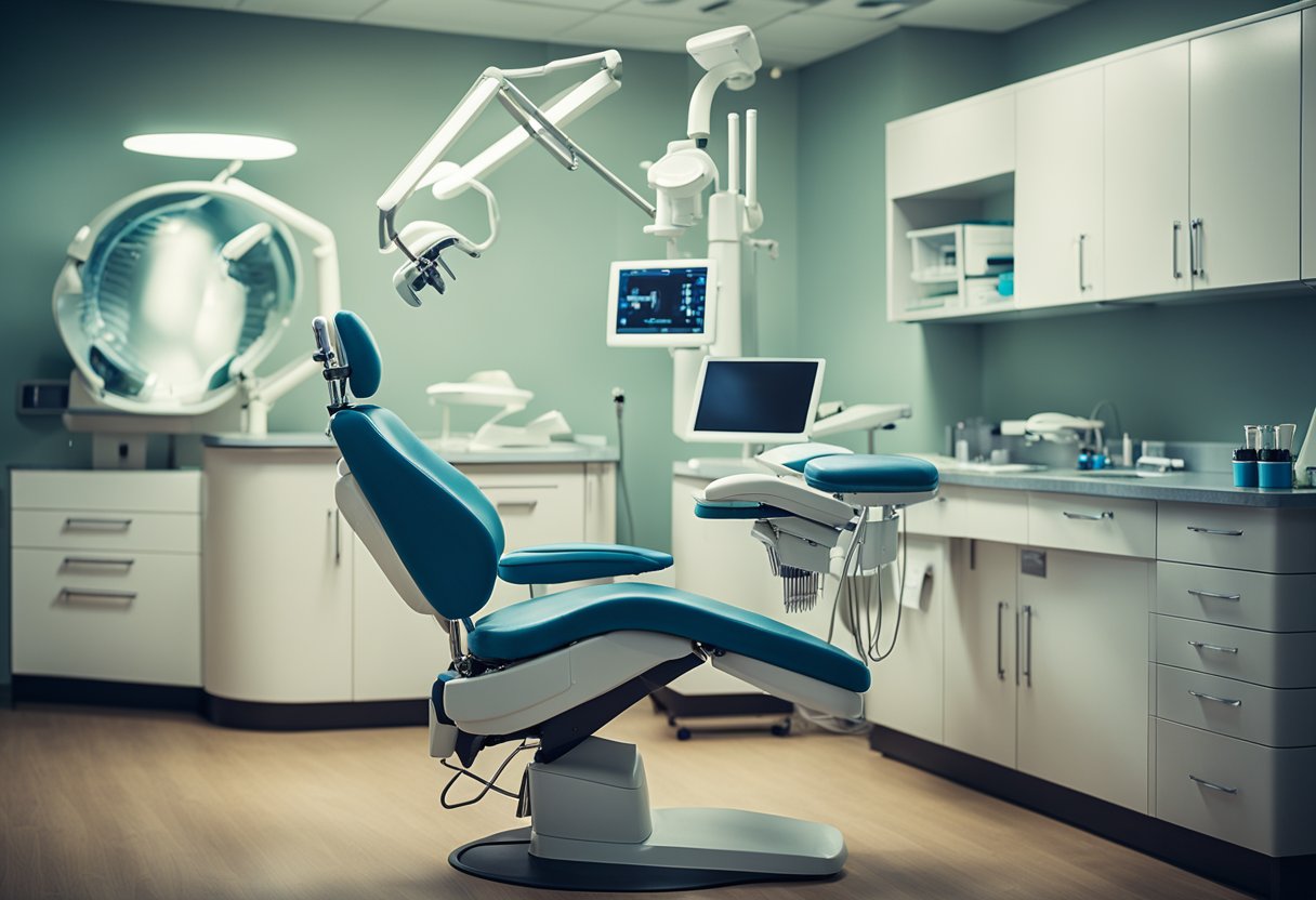 A dentist's office with a dental chair, tools, and x-ray machine