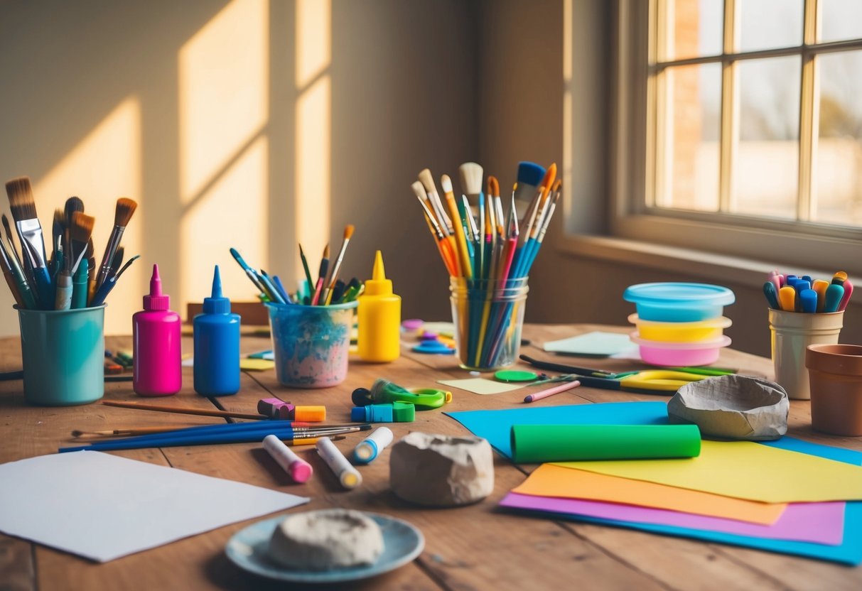 A colorful array of art supplies scattered on a wooden table, including paintbrushes, markers, paper, and clay. Bright sunlight filters through a nearby window, casting warm, inviting shadows