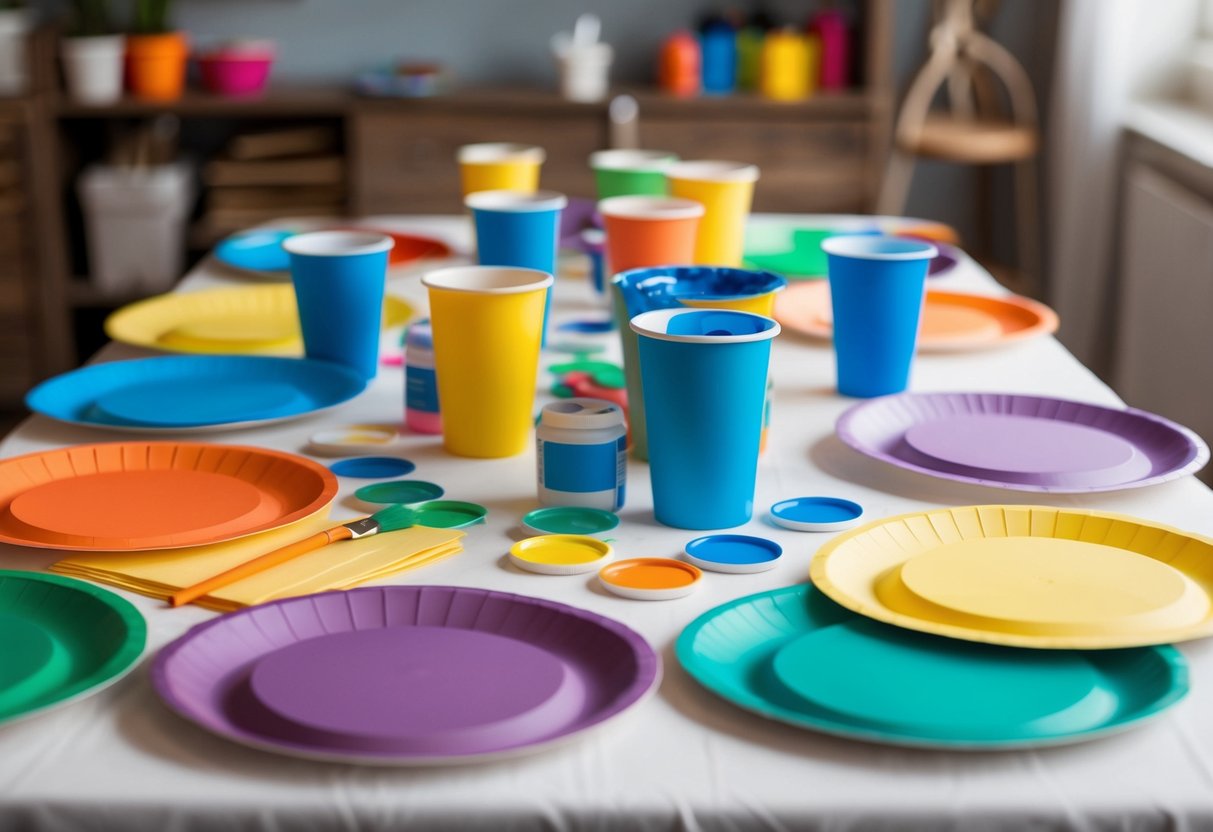 A table covered in colorful paper plates, paint, and craft supplies arranged for mask-making