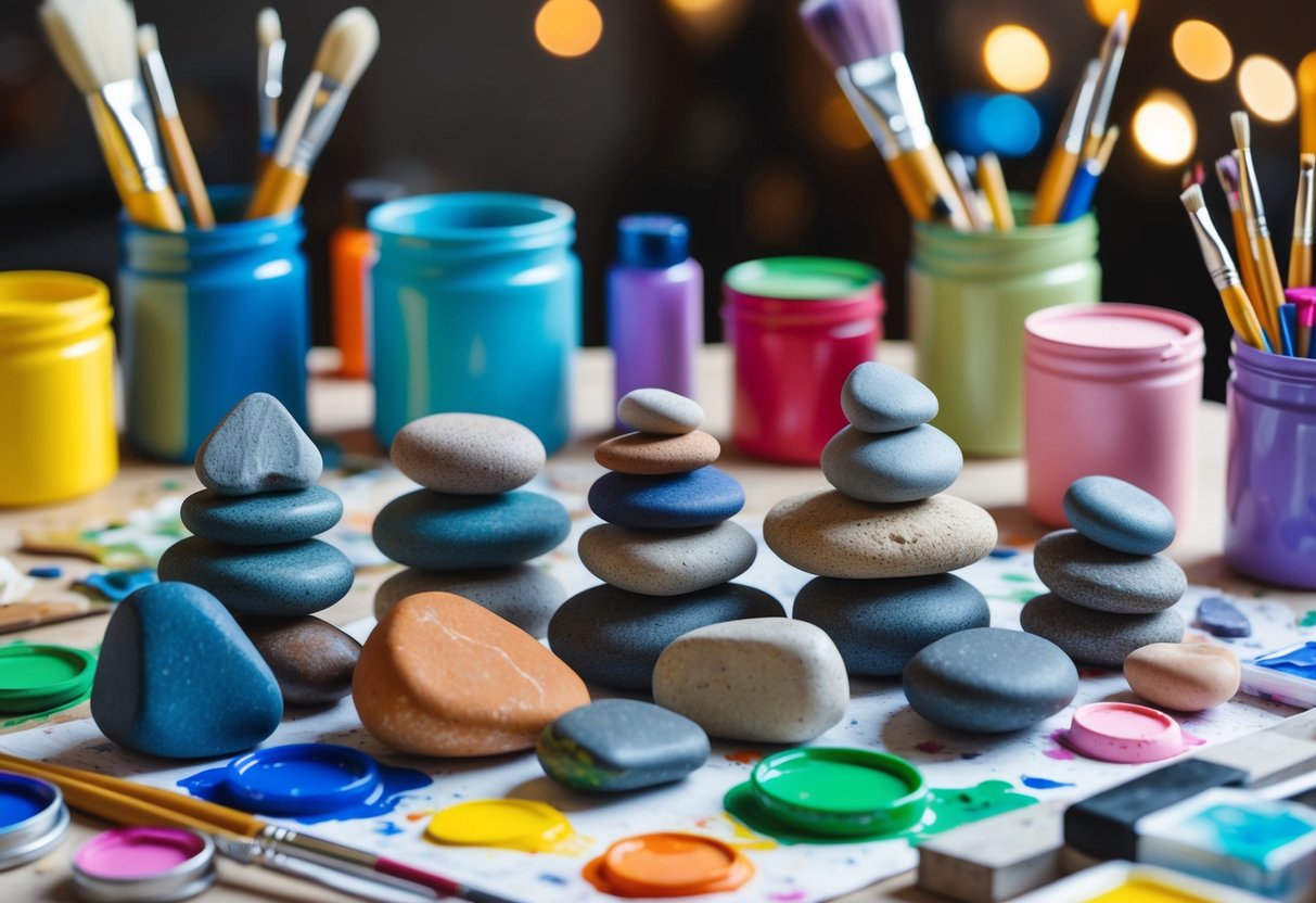 A group of rocks of various shapes and sizes are arranged on a table, surrounded by colorful paints, brushes, and other art supplies