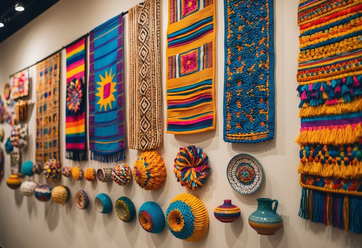 A colorful array of handmade crafts displayed on a gallery wall, including intricate paper sculptures, woven tapestries, and ceramic pottery