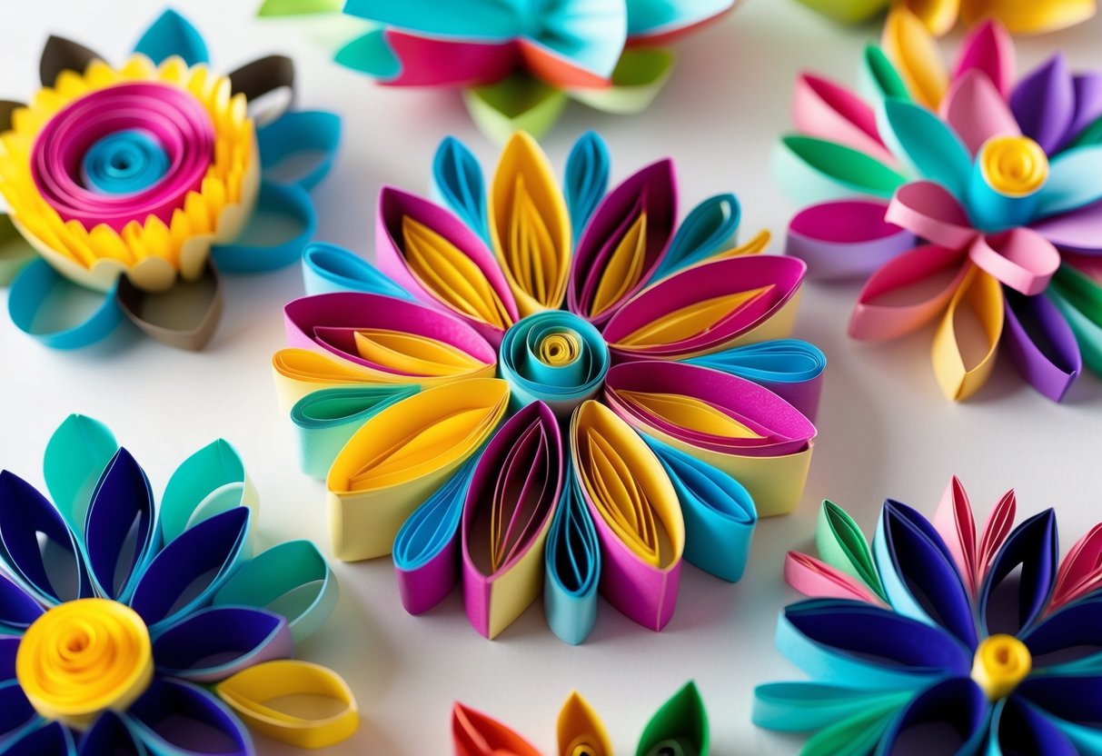 Vibrant quilled paper flowers arranged in a variety of techniques, showcasing intricate craftsmanship and artistic flair