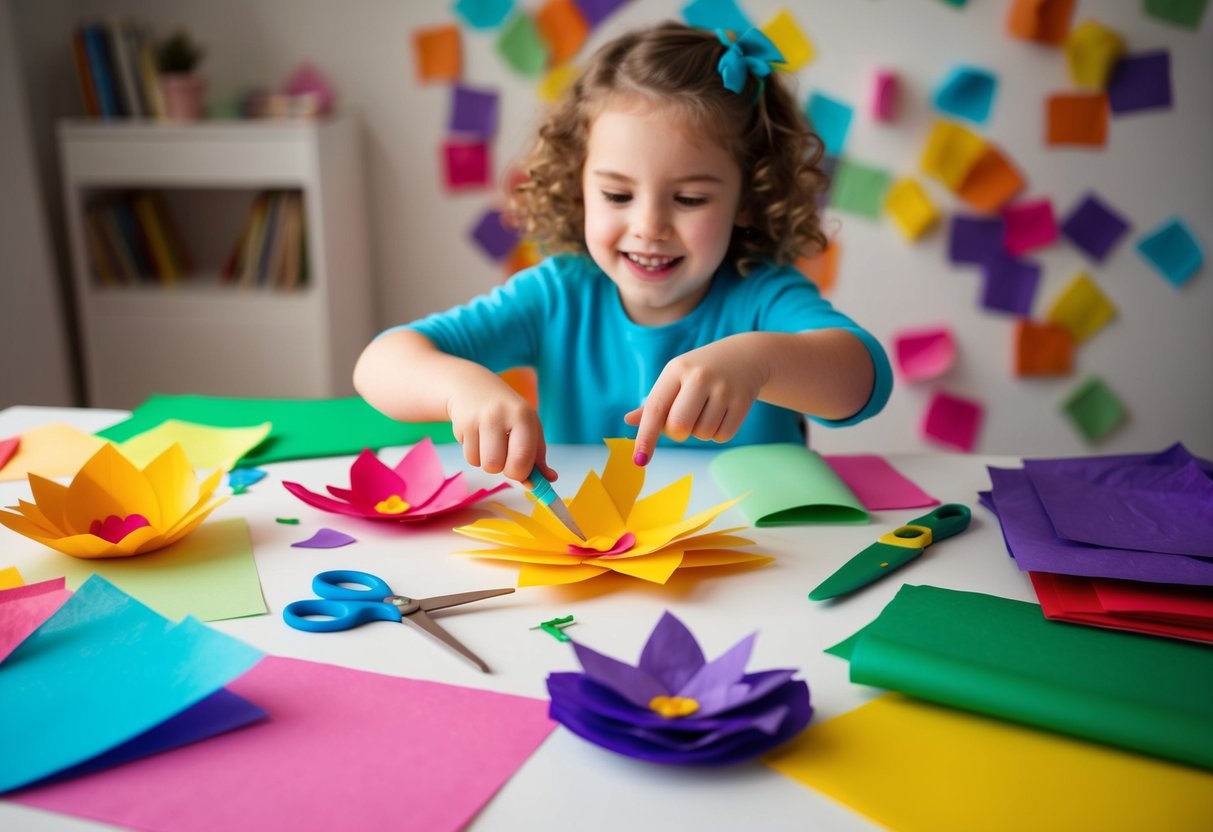 A table strewn with colorful tissue paper, scissors, and glue, as a child creates vibrant paper flowers with joyful enthusiasm